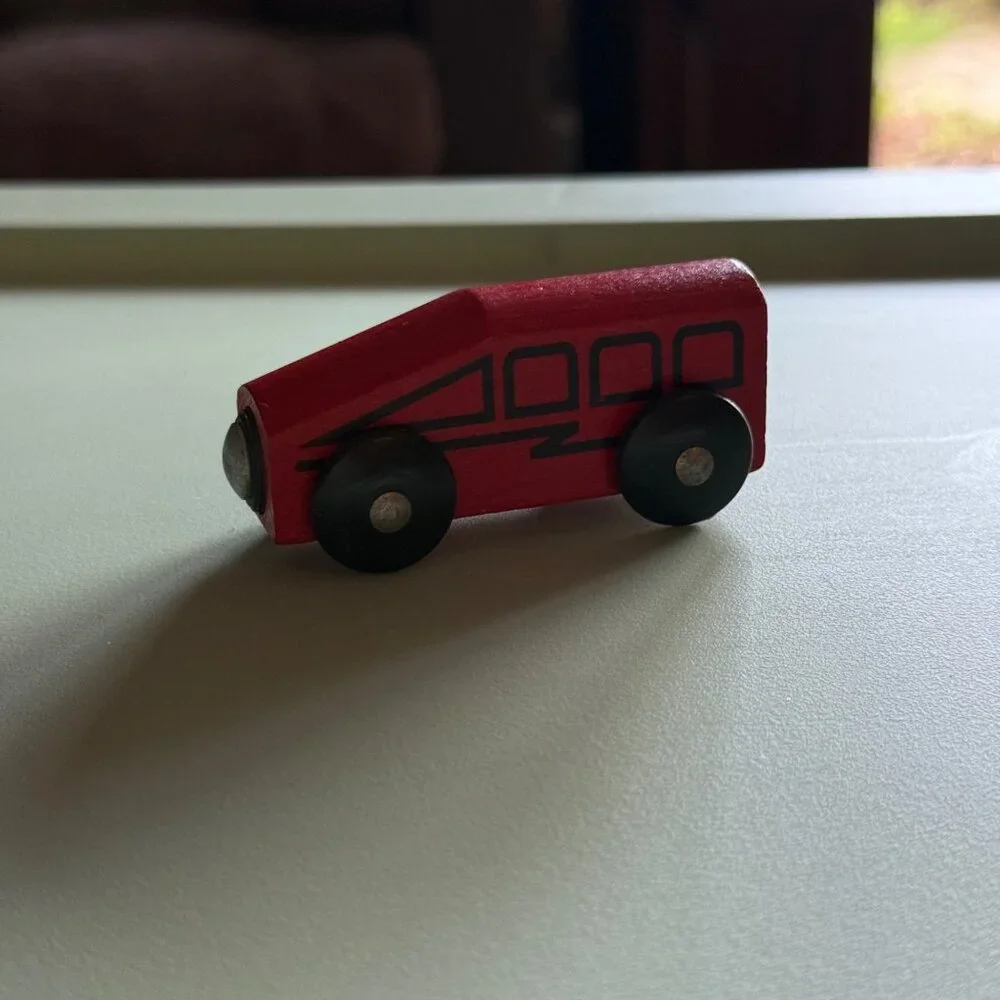 IKEA Wooden Toy Vehicles Set Of 2 Yellow Bus & Red Lightning Car Rolling Wheels